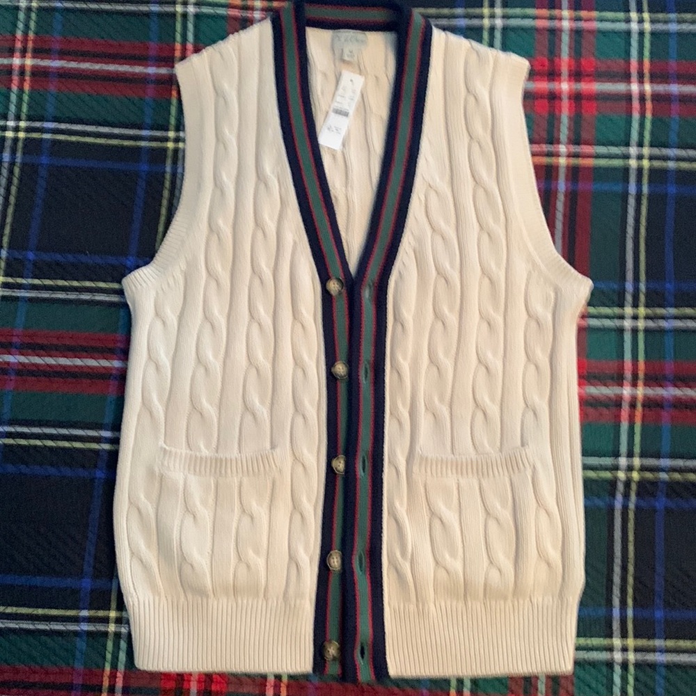 NWT J. Crew Organic Cotton Varsity Cable-Knit Sweater Vest